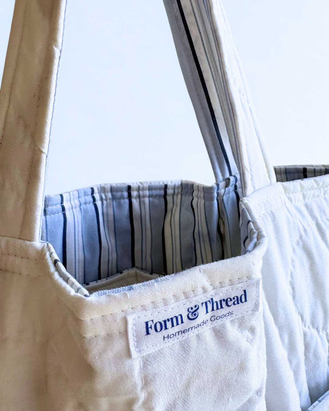 White Quilted Tote (Striped Interior) - Regular